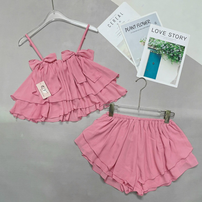 Set Bộ Voan Rũ Mặc Ngủ Áo Dây Nơ Tầng Xoè Tone Trơn + Quần Short Xoè