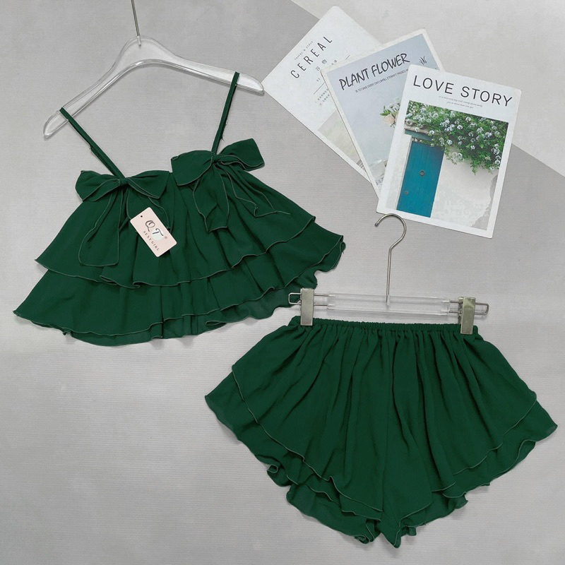 Set Bộ Voan Rũ Mặc Ngủ Áo Dây Nơ Tầng Xoè Tone Trơn + Quần Short Xoè