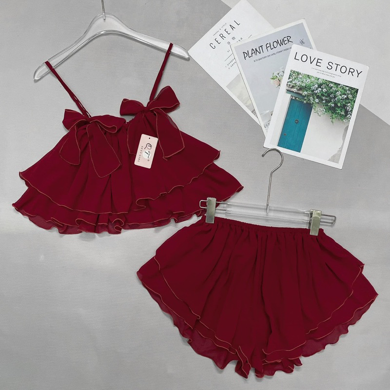 Set Bộ Voan Rũ Mặc Ngủ Áo Dây Nơ Tầng Xoè Tone Trơn + Quần Short Xoè