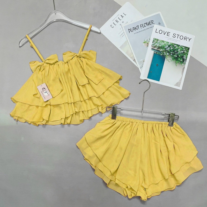 Set Bộ Voan Rũ Mặc Ngủ Áo Dây Nơ Tầng Xoè Tone Trơn + Quần Short Xoè