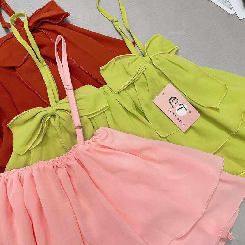 Set Bộ Voan Rũ Mặc Ngủ Áo Dây Nơ Tầng Xoè Tone Trơn + Quần Short Xoè