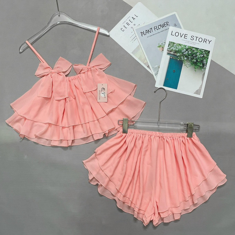 Set Bộ Voan Rũ Mặc Ngủ Áo Dây Nơ Tầng Xoè Tone Trơn + Quần Short Xoè