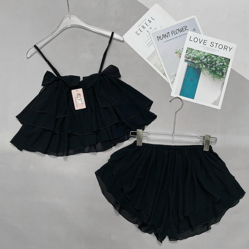 Set Bộ Voan Rũ Mặc Ngủ Áo Dây Nơ Tầng Xoè Tone Trơn + Quần Short Xoè
