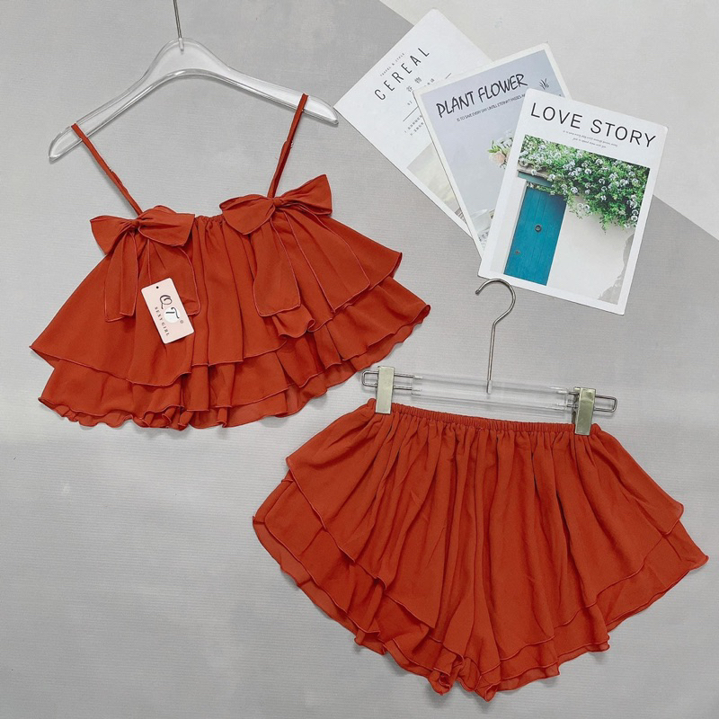 Set Bộ Voan Rũ Mặc Ngủ Áo Dây Nơ Tầng Xoè Tone Trơn + Quần Short Xoè