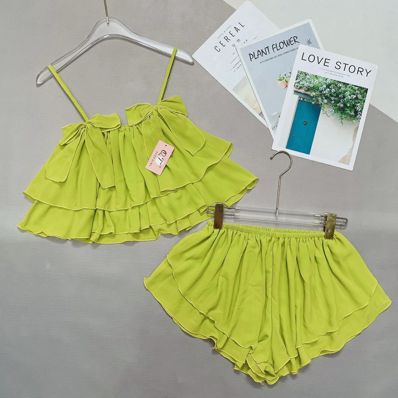 Set Bộ Voan Rũ Mặc Ngủ Áo Dây Nơ Tầng Xoè Tone Trơn + Quần Short Xoè