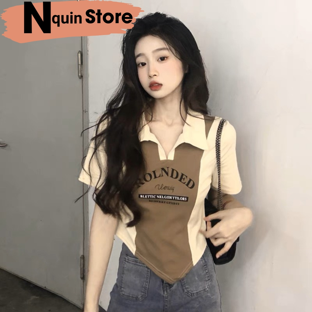 Áo thun nữ ngắn tay cổ polo phối màu độc đáo in họa tiết vạt nhọn cực tôn dáng Nquin