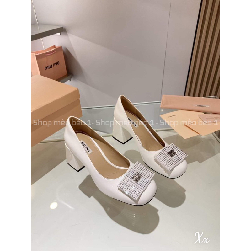 Giày cao gót miu miu nơ đá ngang gót trụ fullbox