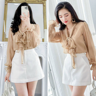 Sét đồ nữ áo sơ mi voan tay bèo cột nơ mix chân váy mini trắng (váy có quần) M803 - yado
