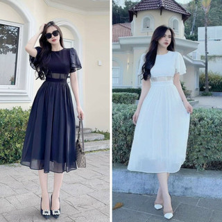 Váy đầm nữ dáng xòe tay loe phối eo, đầm nữ dáng dài tay ngắn cổ tròn siêu xinh phù hợp cho các buổi tiệc T802 - yado