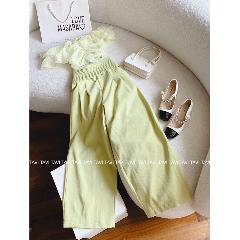 Set áo bẹt vai croptop voan bèo nhún lưng kèm quần suông lưng kiểu dập li dây kéo lưng freesize Tavi