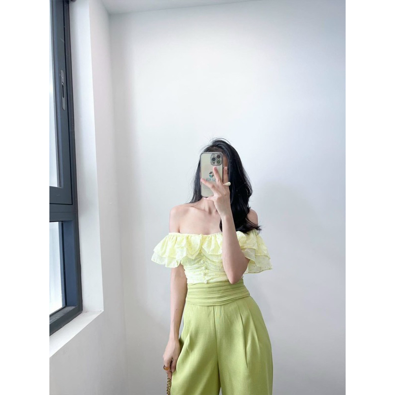 Set áo bẹt vai croptop voan bèo nhún lưng kèm quần suông lưng kiểu dập li dây kéo lưng freesize Tavi