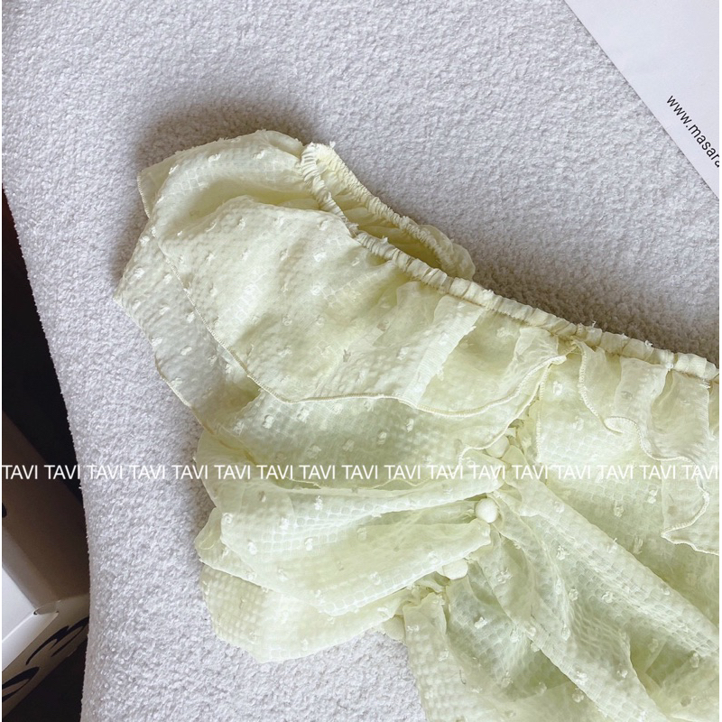 Set áo bẹt vai croptop voan bèo nhún lưng kèm quần suông lưng kiểu dập li dây kéo lưng freesize Tavi