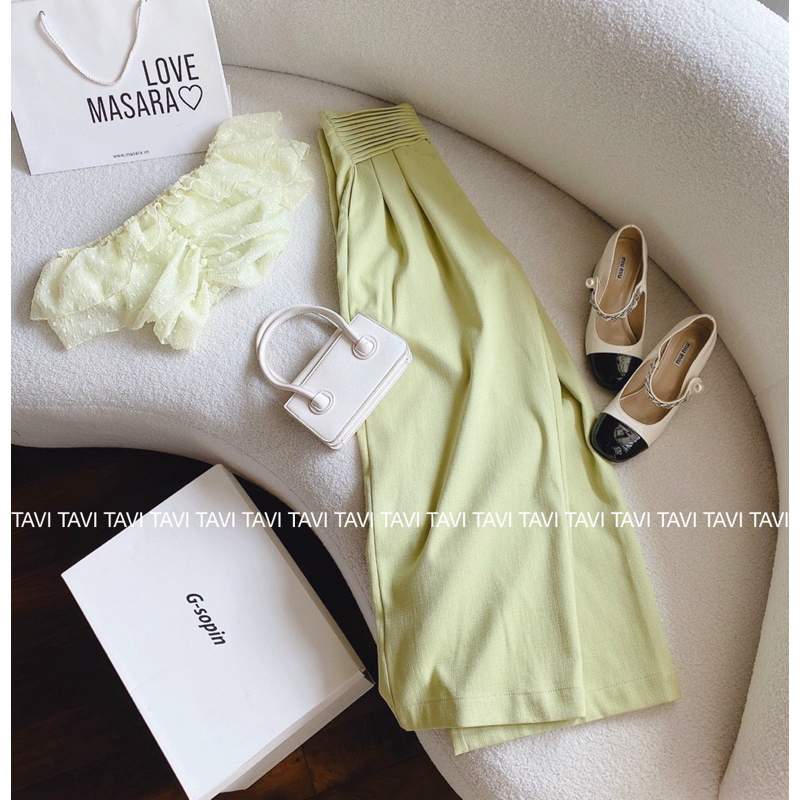 Set áo bẹt vai croptop voan bèo nhún lưng kèm quần suông lưng kiểu dập li dây kéo lưng freesize Tavi