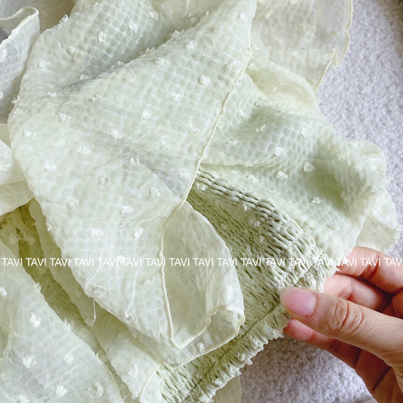 Set áo bẹt vai croptop voan bèo nhún lưng kèm quần suông lưng kiểu dập li dây kéo lưng freesize Tavi