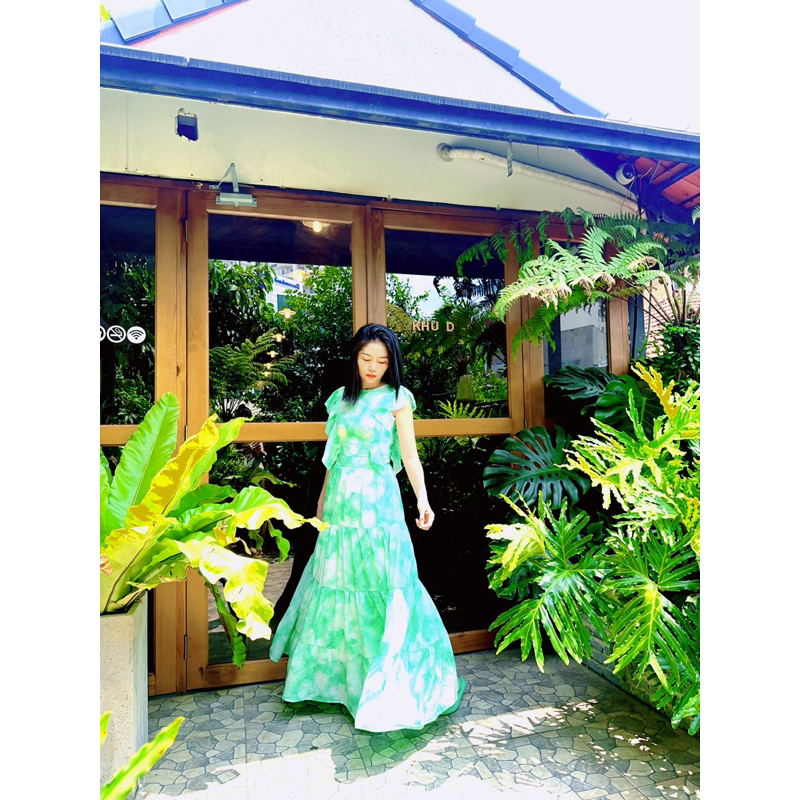 đầm maxi loang xanh