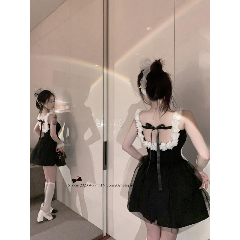 Đầm hai dây bản to hở lưng dáng ngắn phối ren thời trang nữ