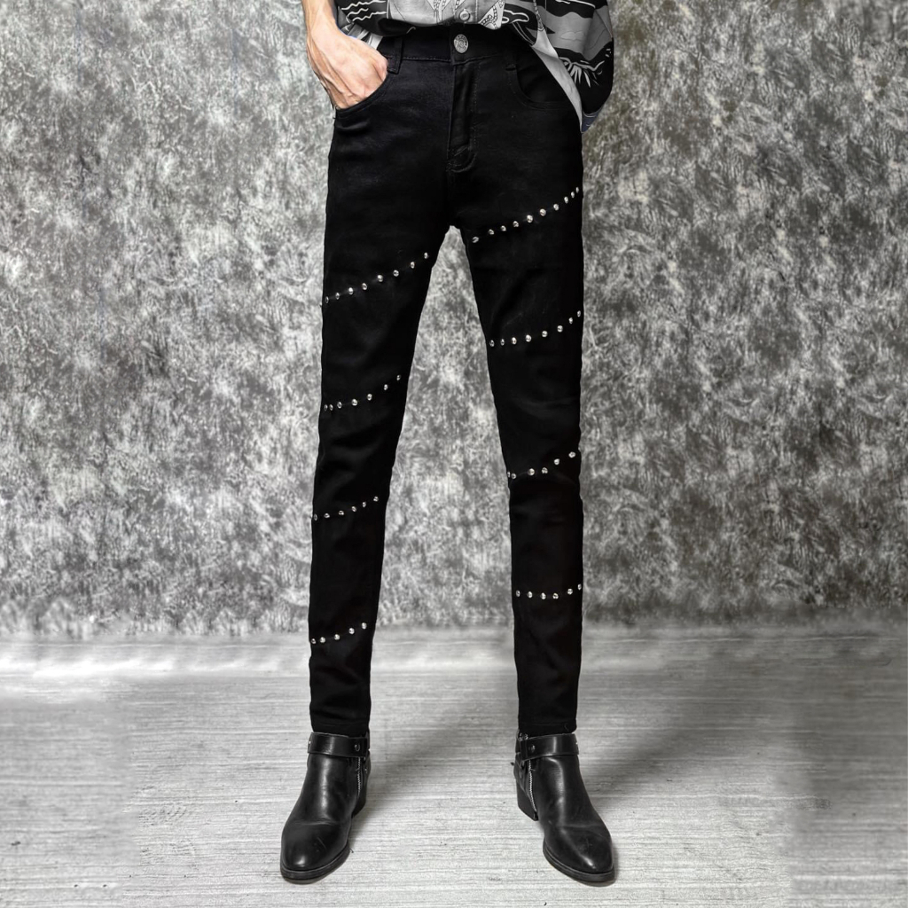 Quần Denim Jean Đen Đính Đinh Tán Chéo Cao Cấp Fom Skinny