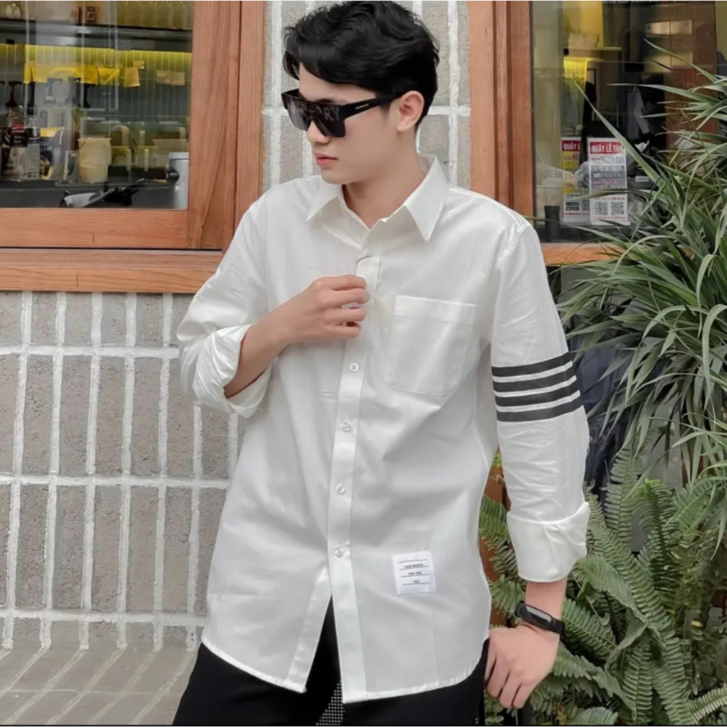 Áo sơ mi nam nữ trắng thome 4 vạch đen chất lụa hàn
