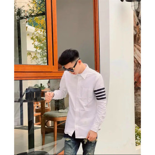 Áo sơ mi nam nữ trắng thome 4 vạch đen chất lụa hàn
