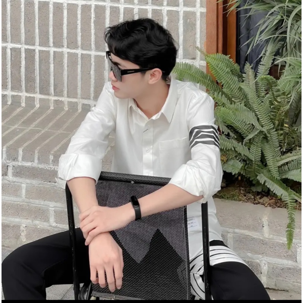 Áo sơ mi nam nữ trắng thome 4 vạch đen chất lụa hàn