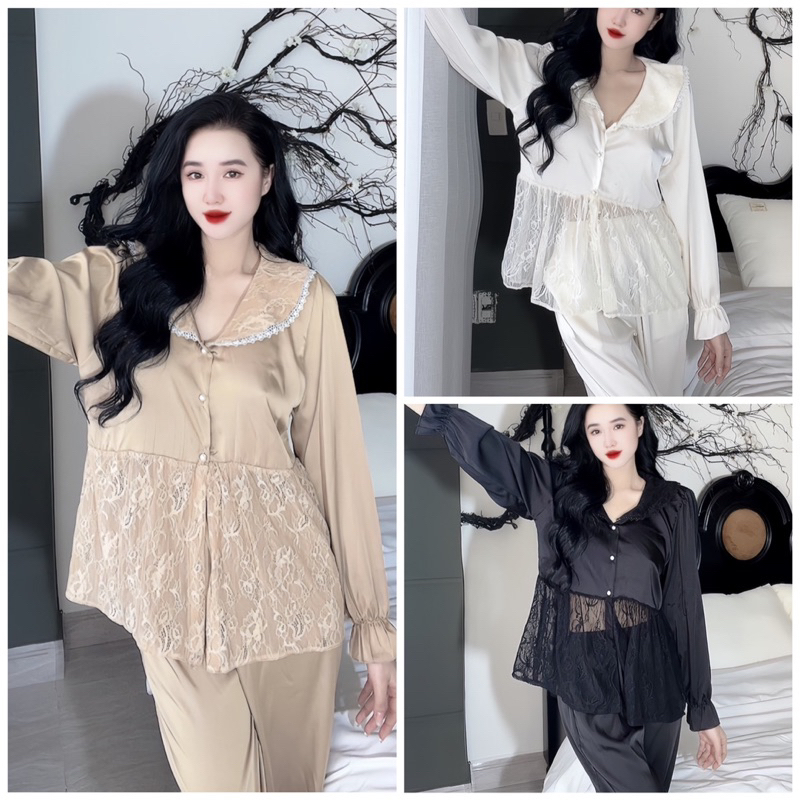 Bộ lụa tiểu thư tay dài phối ren, quần có túi, lụa latin mềm
