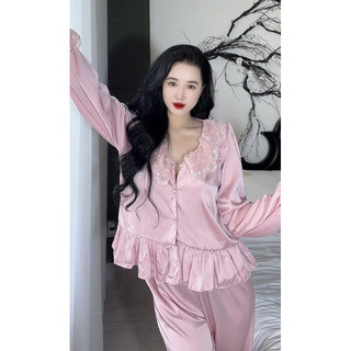 Bộ lụa tiểu thư tay dài phối ren, quần có túi, lụa latin mềm