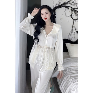 Bộ lụa tiểu thư tay dài phối ren, quần có túi, lụa latin mềm