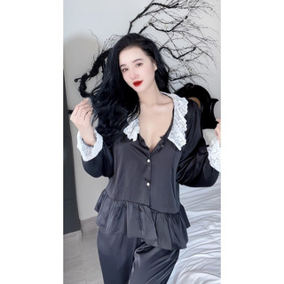 Bộ lụa tiểu thư tay dài phối ren, quần có túi, lụa latin mềm
