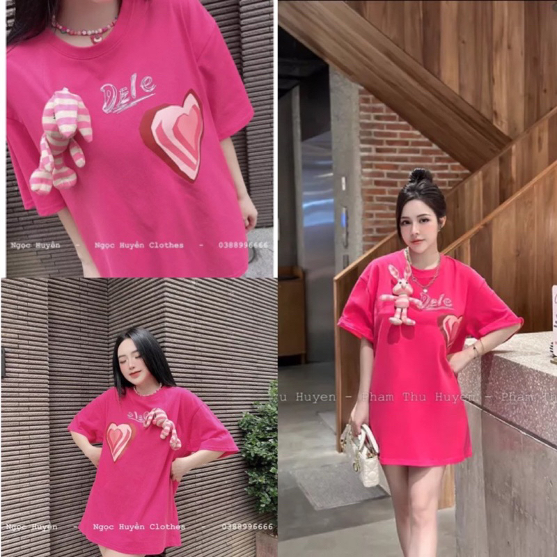 Áo phông hồng đính thỏ trái tim xinh xinh (kèm ảnh thật và video)