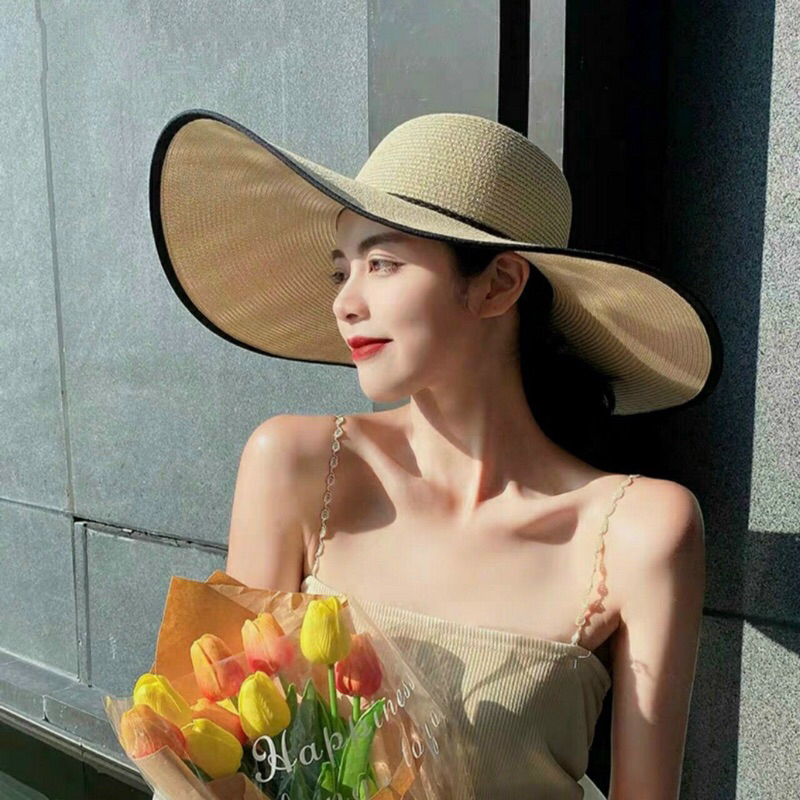 Mũ cói rộng vành, nón cói đi biển nữ vành lớn đai nơ phong cách vintage chống nắng