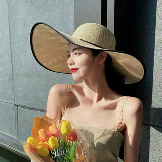 Mũ cói rộng vành, nón cói đi biển nữ vành lớn đai nơ phong cách vintage chống nắng
