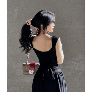 Đầm 2 dây bảng to nhún eo dài