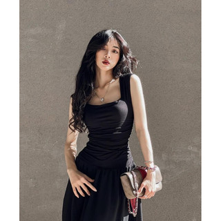 Đầm 2 dây bảng to nhún eo dài