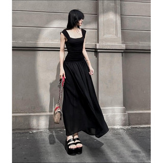 Đầm 2 dây bảng to nhún eo dài