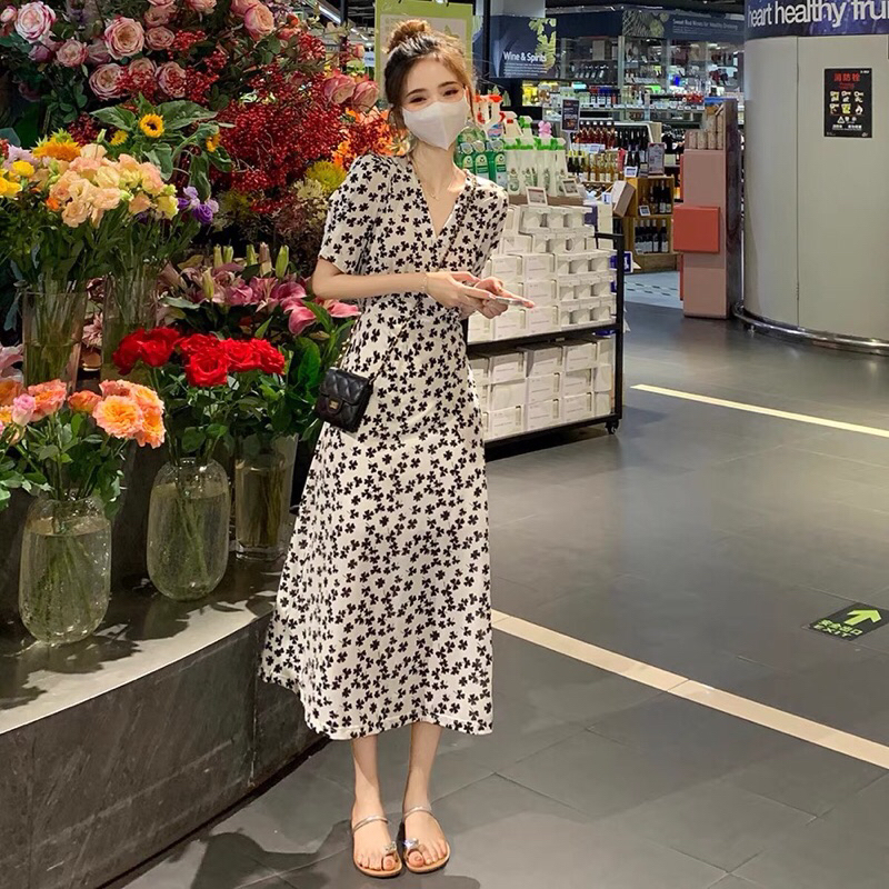 Đầm maxi kiểu dài nữ tay ngắn suông vạt ngực chéo hoa nhí ❤️