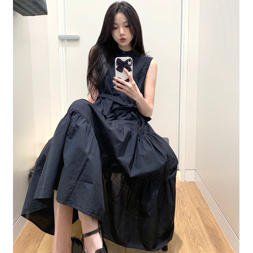 Đầm maxi dáng dài không tay đen, váy maxi nữ dáng A cổ tròn không tay phong cách Hepburn Hàn Quốc 2506