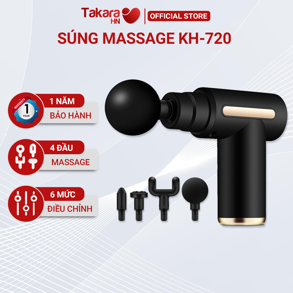 Máy mát xa cầm tay, súng massage Takara KH720 trị liệu toàn thân Với 4 Đầu Thay Thế 6 Cấp Độ BH 12 Tháng