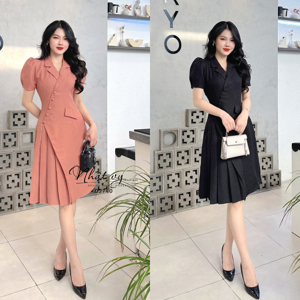 Đầm vest dự tiệc Nhật Vy tay phồng phối cúc bọc xếp ly chất linen gân phù hợp công sở dạo phố sang trọng - D2740