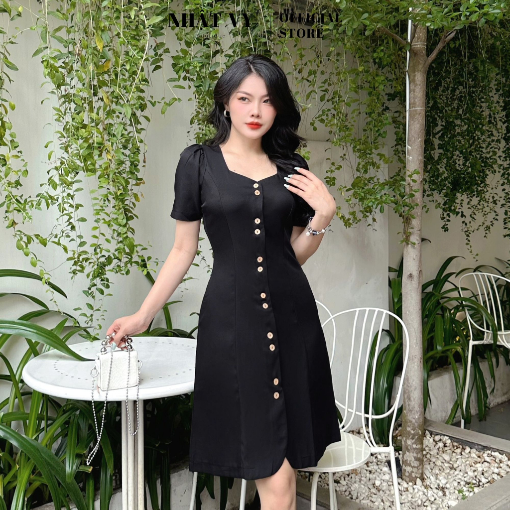 Đầm công sở Nhật Vy cổ vuông cách điệu phối cài cúc đôi có túi dáng xoè chất lụa màu đen, vàng , xanh thanh lịch - D2718
