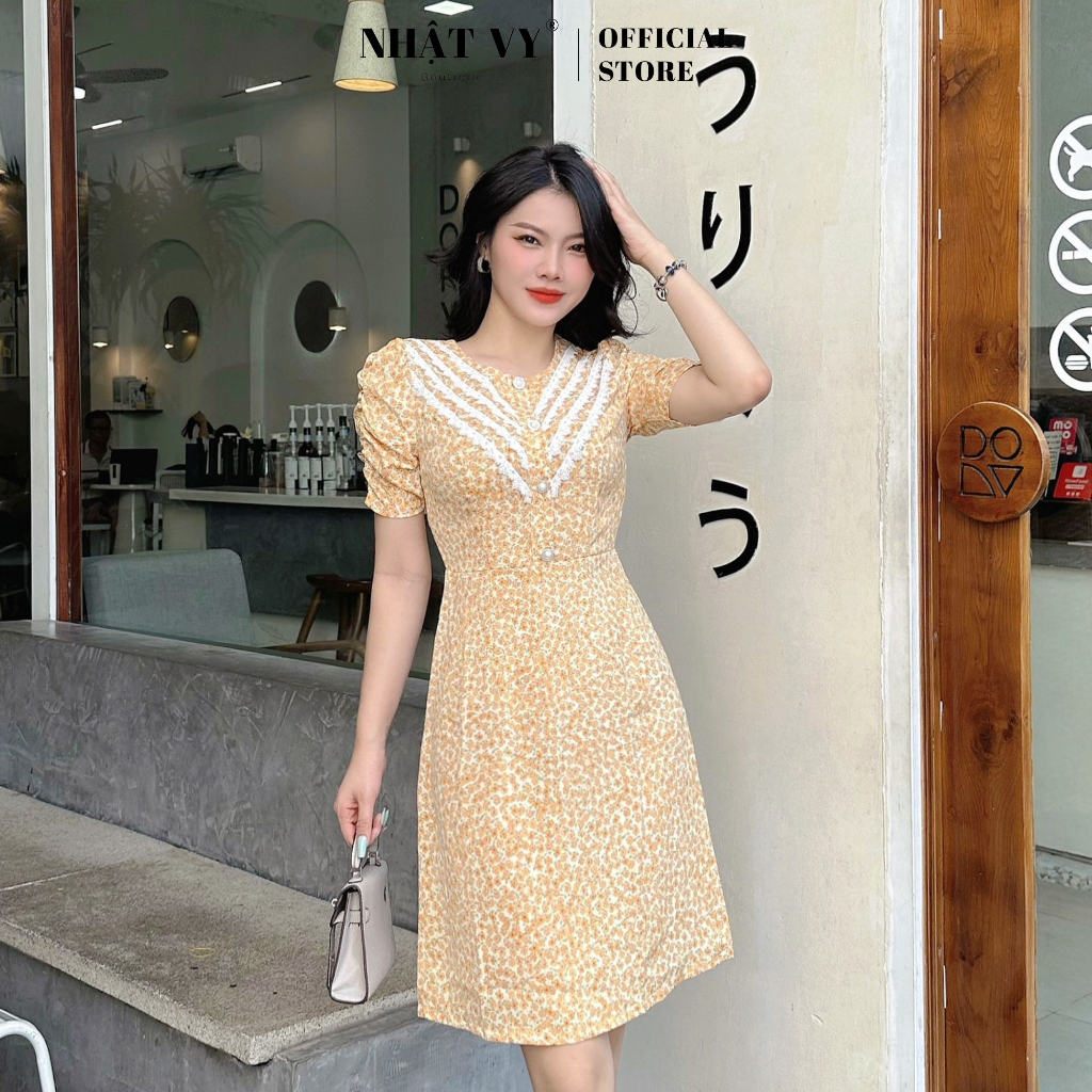 Đầm hoa đi chơi Nhật Vy cổ tròn viền ren ngực tay nhún chất mango phù hợp dạo phố cafe thanh lịch - D2736