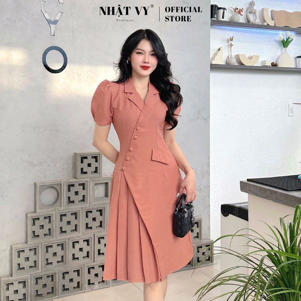 Đầm vest dự tiệc Nhật Vy tay phồng phối cúc bọc xếp ly chất linen gân phù hợp công sở dạo phố sang trọng - D2740