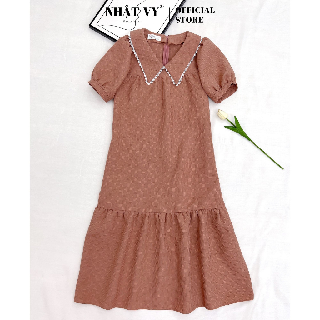 Đầm suông công sở Nhật vy cổ bèo viền ren đuôi cá tay phồng chất xốp phù hợp đi chơi dạo phố - D2746
