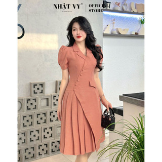  Đầm vest đi tiệc Nhật Vy tay phồng phối cúc bọc xếp ly trước chất linen gân màu hồng đen sang trọng - D2740 