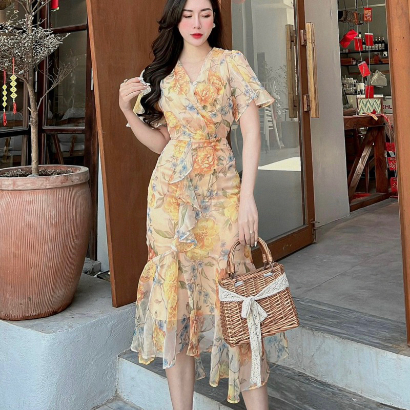 Váy, đầm đuôi cá LAMINU, váy đầm hoa đuôi cá, cổ V dáng dài, tay ngắn bèo nhún chiết bụng