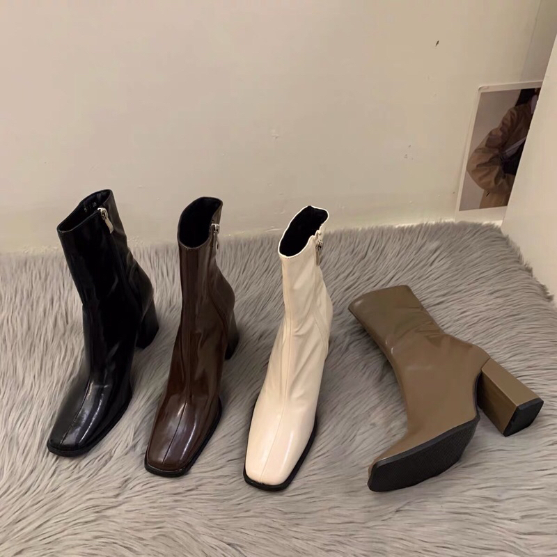 Boots da nữ cổ ngắn ôm chân da bóng gót vuông cao 8cm có khoá sườn