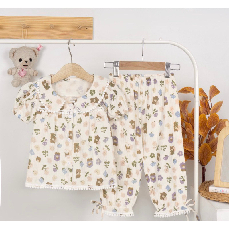 Pijama cộc tay quần lửng vải xô muslin cho bé gái