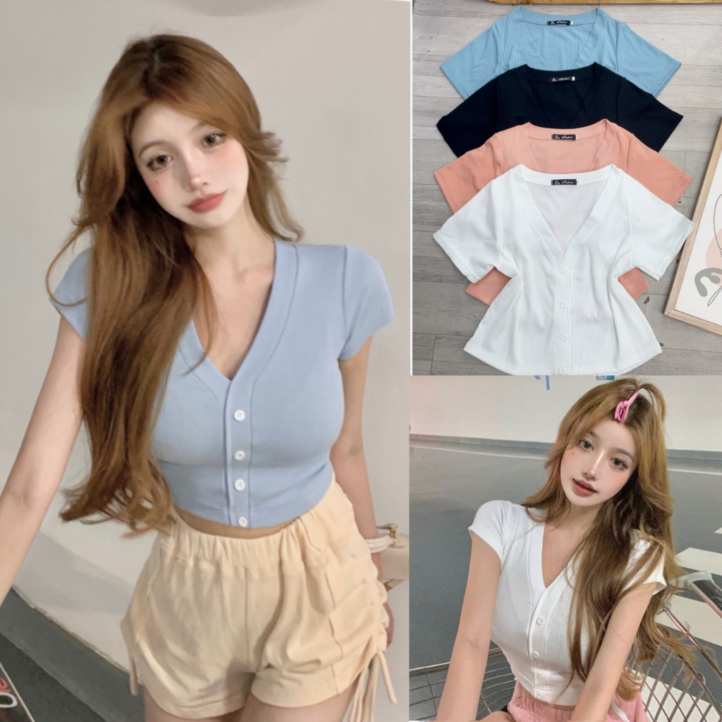 Áo Croptop Bigsize Nữ Tay Nắt Có Nút Kiểu,Áo Thun Cổ Tim Vải Gân Tăm Co Giãn Mặc Mát G38