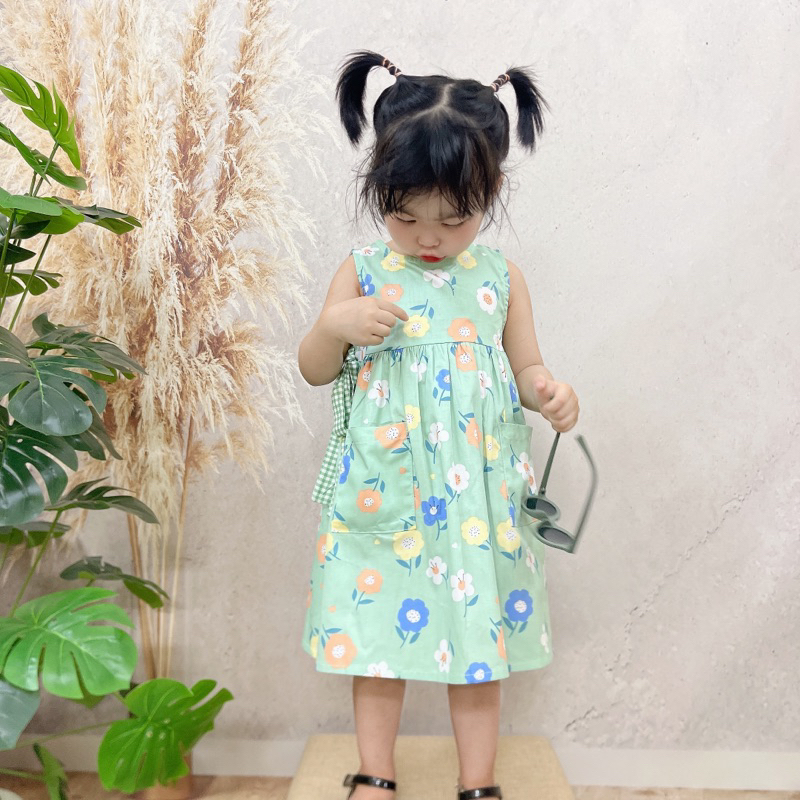 Váy sát nách thắt nơ eo màu xanh ngọc- Tặng nơ kẹp tóc