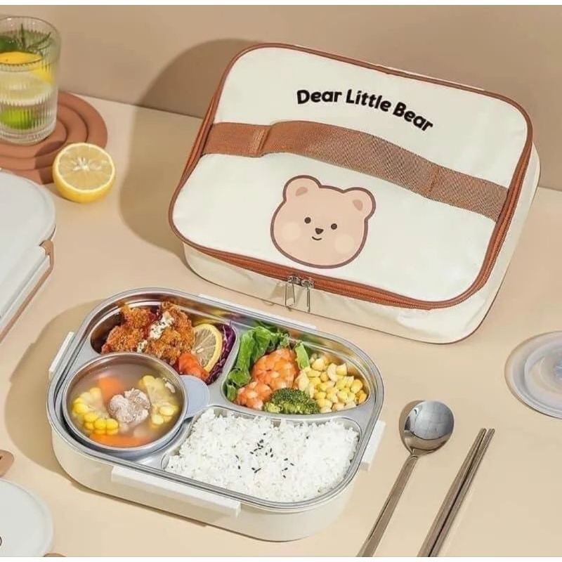 Hộp Cơm Giữ Nhiệt Gấu Dear Bear Đựng Cơm Văn Phòng, Hộp Đựng Cơm Trưa Cao Cấp Chất Liệu Inox 304 Ăn Toàn Tiện Lợi Đẹp