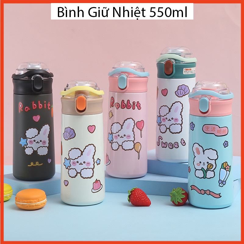 Bình Giữ Nhiệt Dung Tích 550ml, Nắp Bật Chống Rò Rỉ, Có ống hút, Inox 304 an toàn Tặng Kèm Sticker 2D